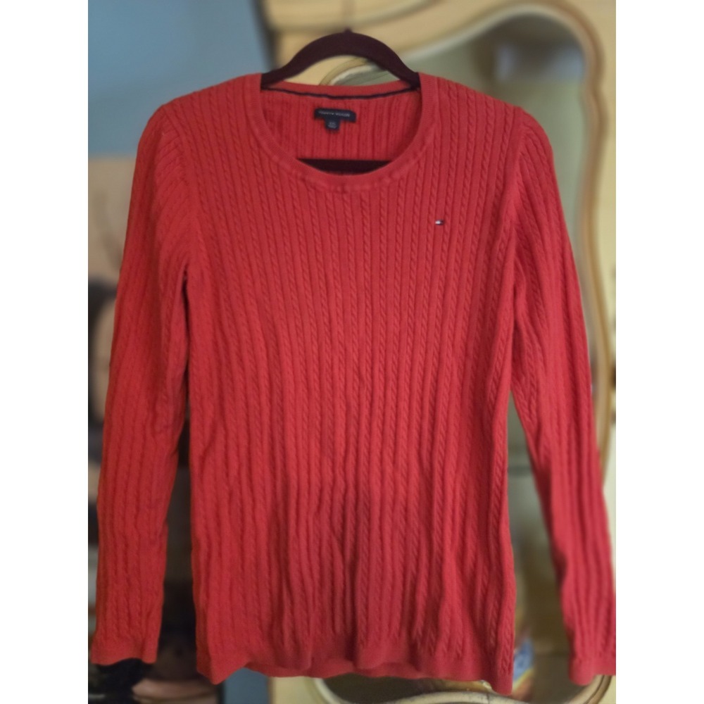 Tommy Hilfiger Women's L Red Cable Knit Sweater Crewneck Christmas Holidays